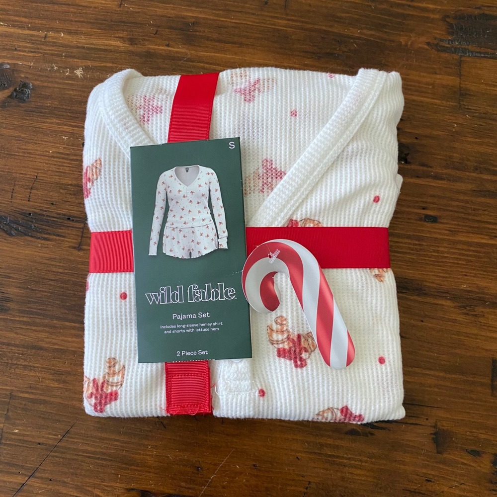 NWT Wild Fable Waffle Knit Pajama Set Cream Croissant Bow Print Size Small